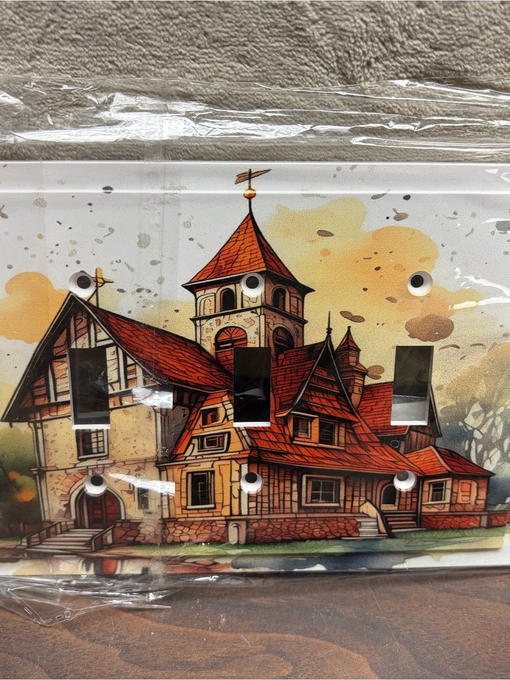 NWT Watercolor Fairytale Cottage Triple Toggle Light Switch Cover Plate
